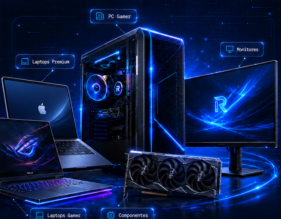 PC gamer con iluminación RGB, laptops ASUS ROG y Apple, tarjeta de video y monitor curvo — cómputo y gaming en RimeTec