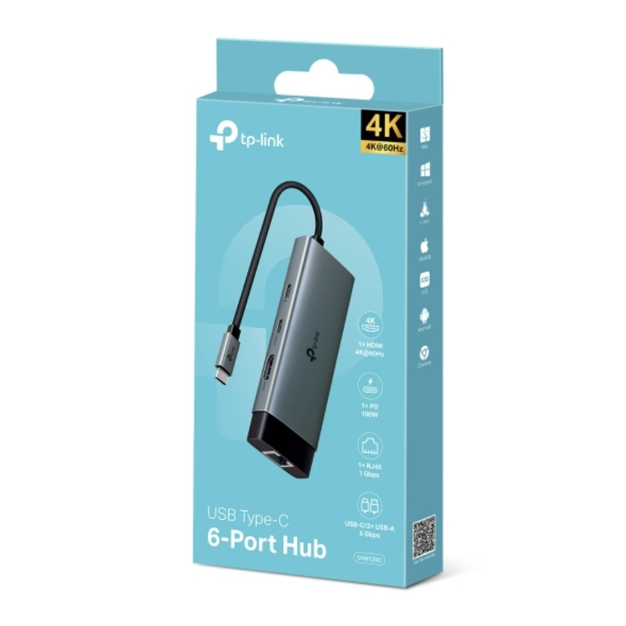 Adaptador Hub | Tp-Link | Uh6120C | 6 En 1 | 1 Puerto Usb-C Entrada | 1 Puerto Hdmi 4K | 1 Puerto Ethernet Gigabit | 1 Puerto Usb-C | 2 Puertos Usb-A