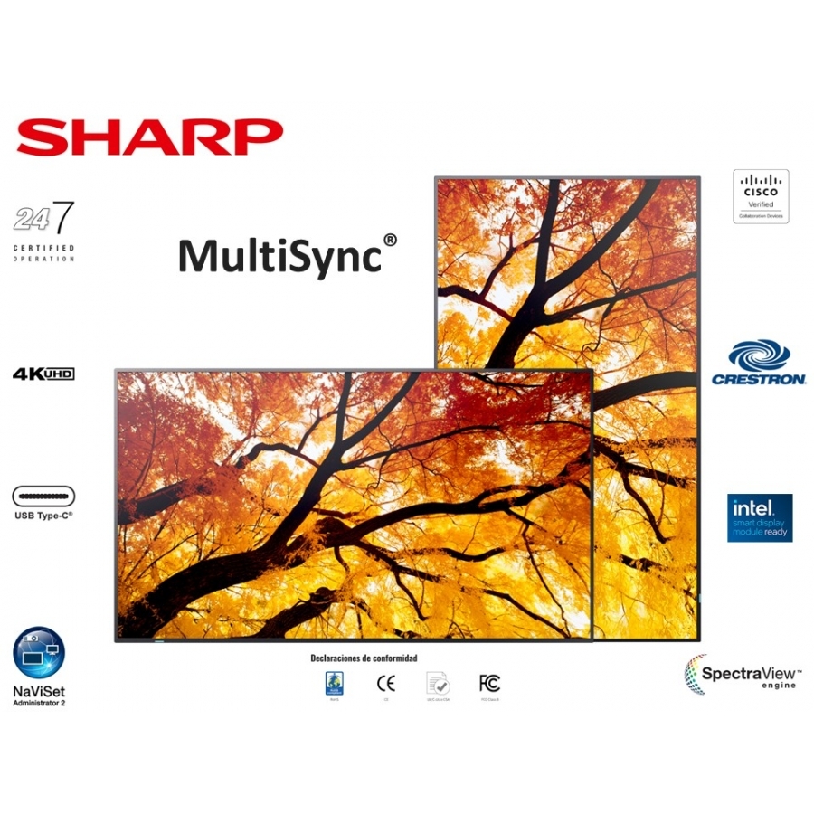 Monitor Profesional Sharp 75 Pn-M752 Uhd 3840 X 2160 24/7, 550 Cd/M2, 80001, Hdmi, Displayport Hdcp, Usb, Rj-45, Intel Sdm Y Rpi4 — SHARP DISPLAY · SKU MNL-3056