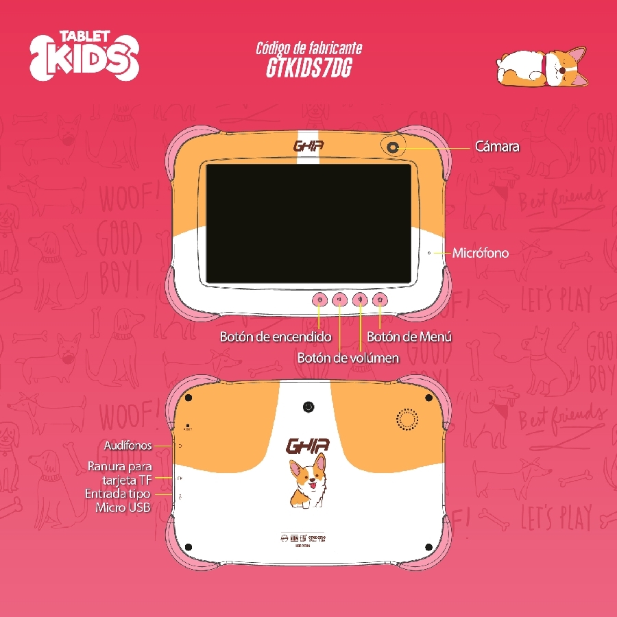 Tablet Ghia 7 Kids/A50 Quadcore/1Gb Ram/16Gb /2Cam/Wifi/Bluetooth/2500Mah/Android 9 /Perrito