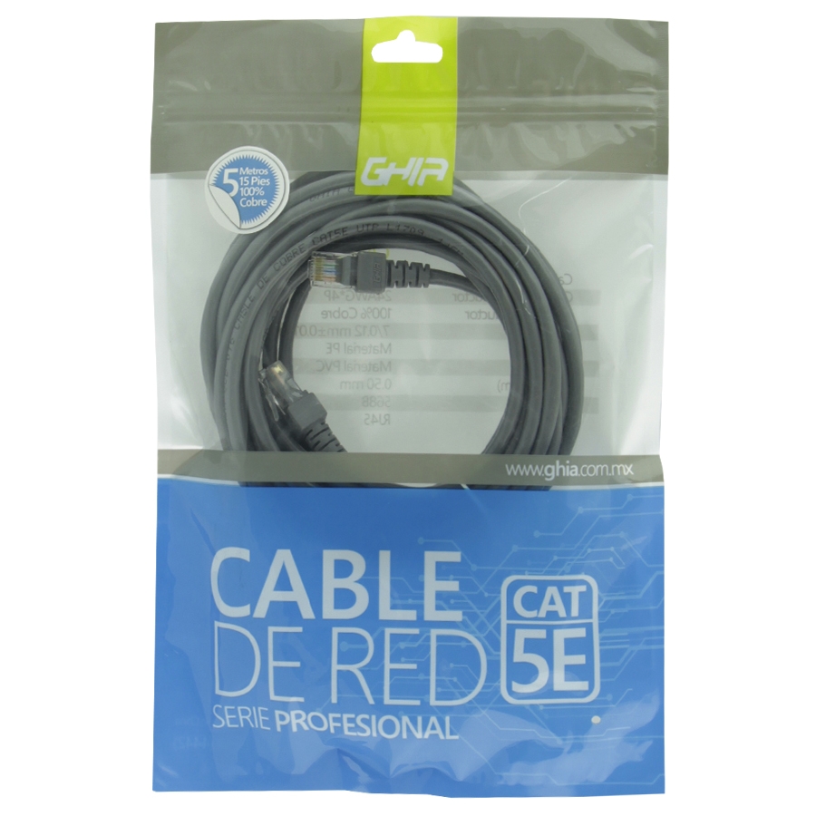 Cable De Red Utp Cat5E Ghia 100Cobre Gris Rj45 5M 15 Pies Patch Cord — GHIA · SKU CB-1186