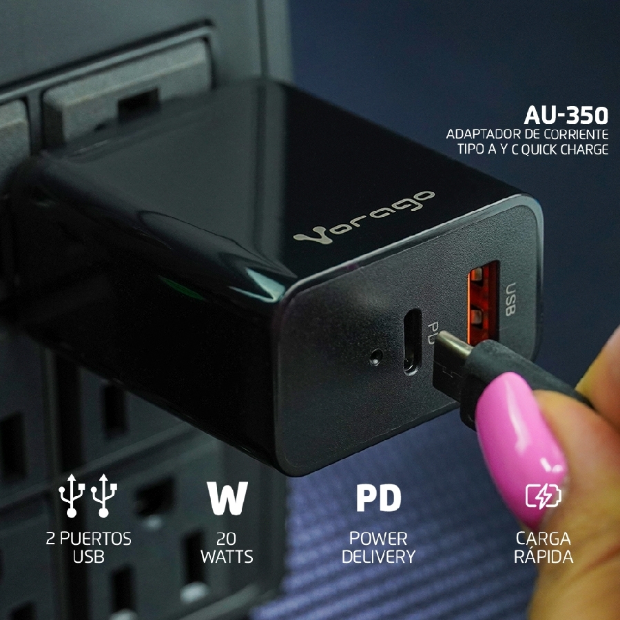 Cargador Para Pared / Vorago / Carga Rapida / Au-350 / 20W / Usb Tipo A Y C / Negro — VORAGO · SKU AC-13501