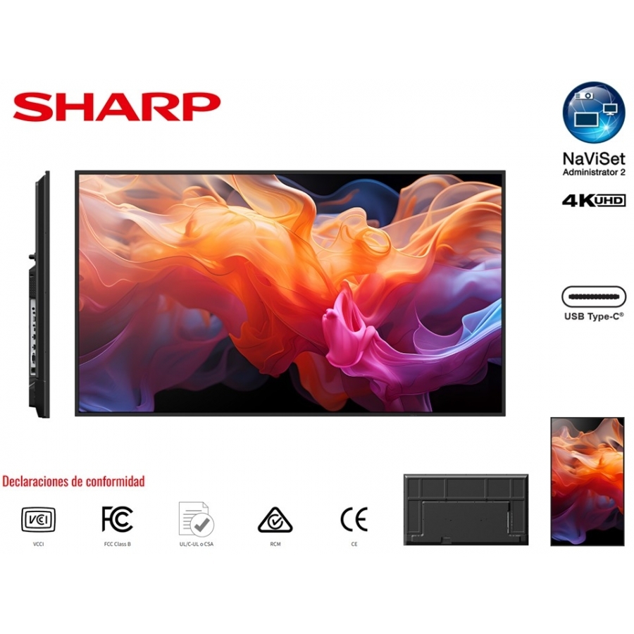 Monitor Profesional Sharp 65 Pn-E659 Uhd 3840 X 2160 16/7, 350 Cd/M2, 12001, 2 Hdmi, Usb-C Hdcp, Rj-45 — SHARP DISPLAY · SKU MNL-3132