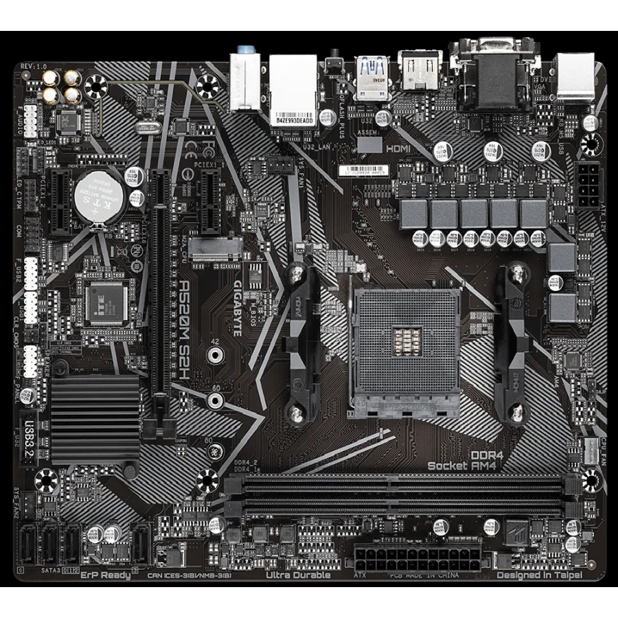 Mb Gigabyte A520 Amd S-Am4 3A Gen/2Xddr4 3200/Hdmi/Dvi/Vga/4Xusb 3.2/M.2/Micro Atx/Gama Basica · SKU MB-1109
